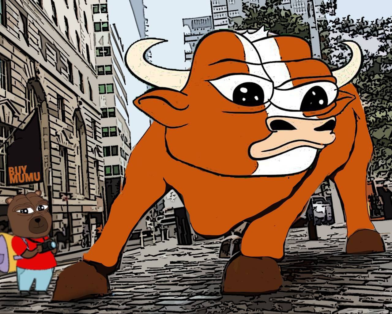Mumu as the Wall Street charging bull statue, filling a city street